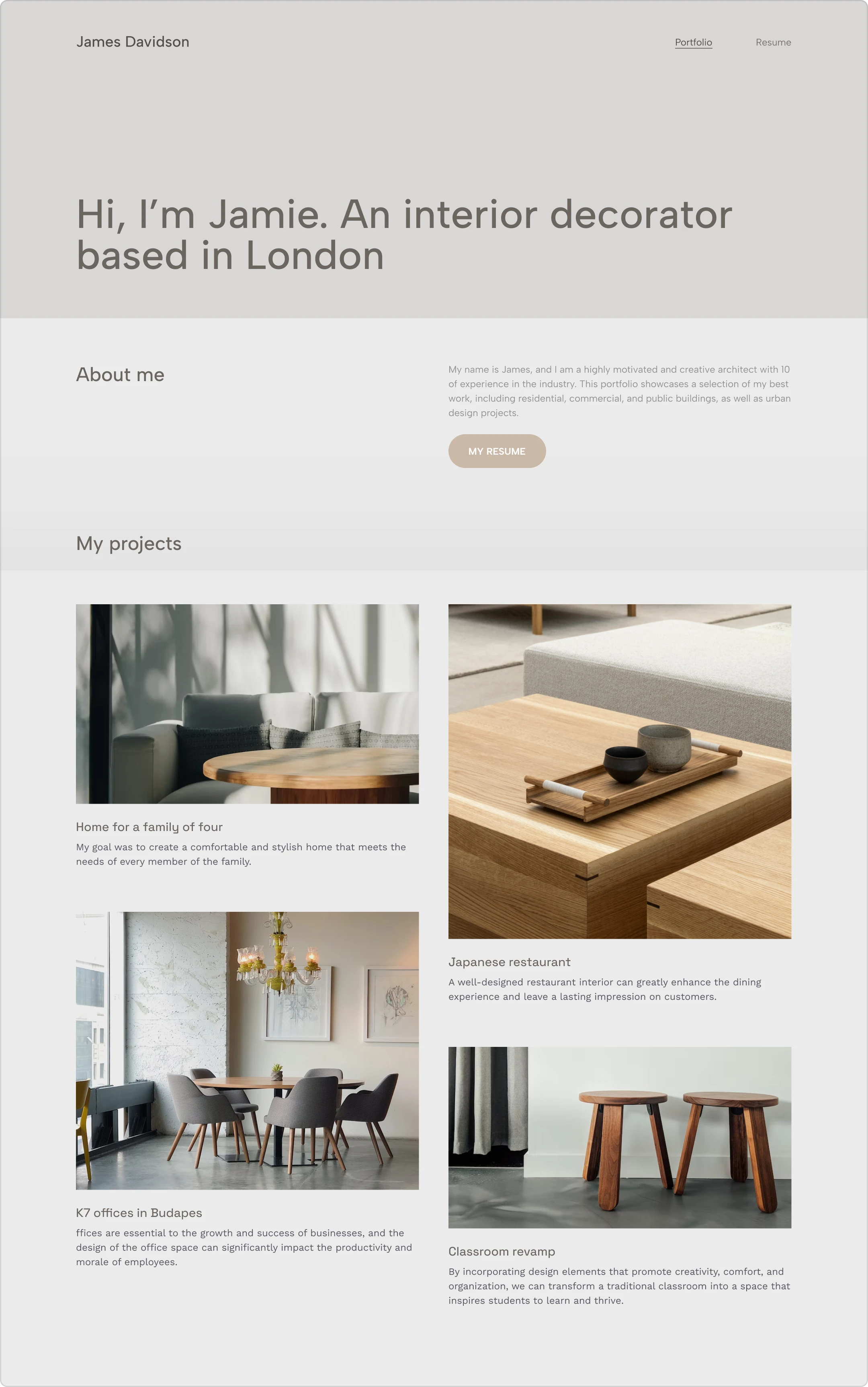 Interior decorator portfolio example built with Archifolio. It has four four projects