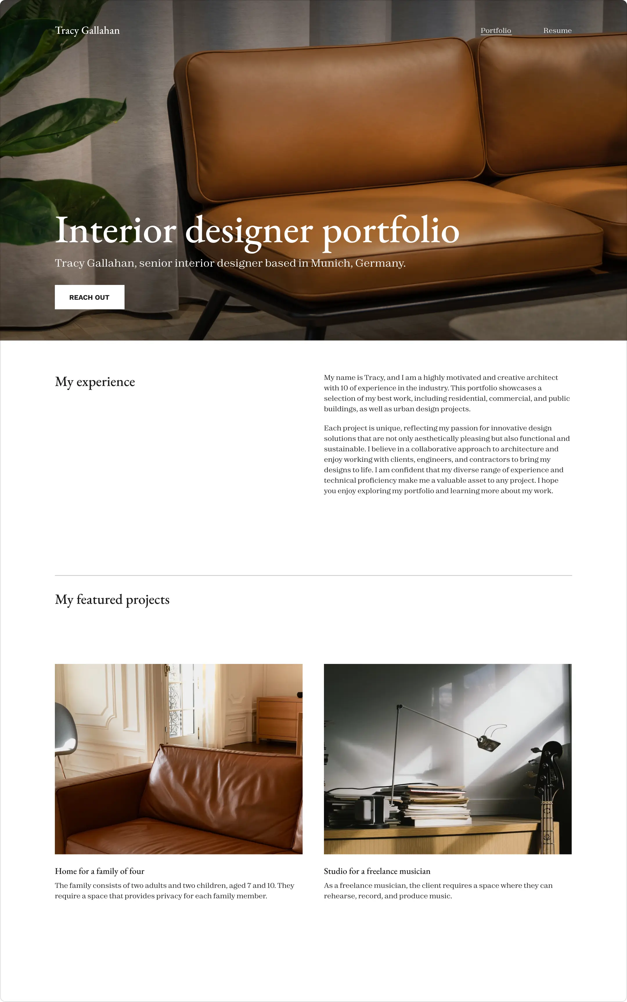 A senior interior designers, Lucy's portfolio example. She used Archifolio's color palette.