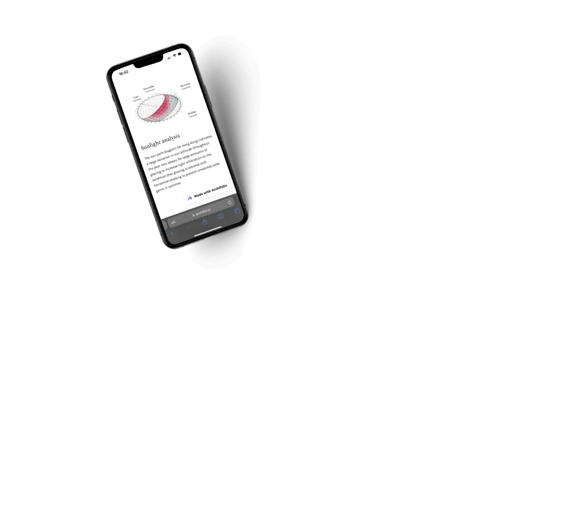 A mobile view of an architecture portfolio website made with Archifolio. It has a chart about the sunlight analysis and a short paragraph.
